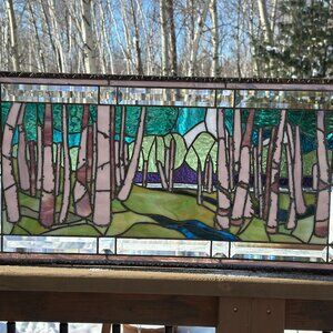 Stained Glass Panel - Pink Birches, Inspired by painting of Artist Tom Thomson